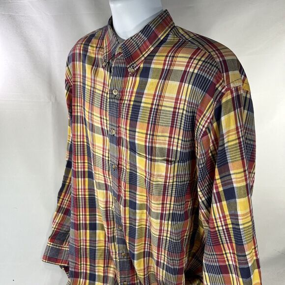LANDS ENDS BUTTON DOWN LONG SLEEVE SHIRT MENS LARGE TALL YELLOW PLAID RED RIPPED - Picture 8 of 14